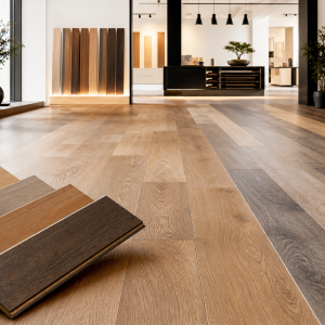 Pavimentos em madeira e vinílico num showroom moderno
