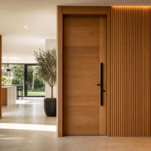Interior moderno com porta de madeira e revestimentos